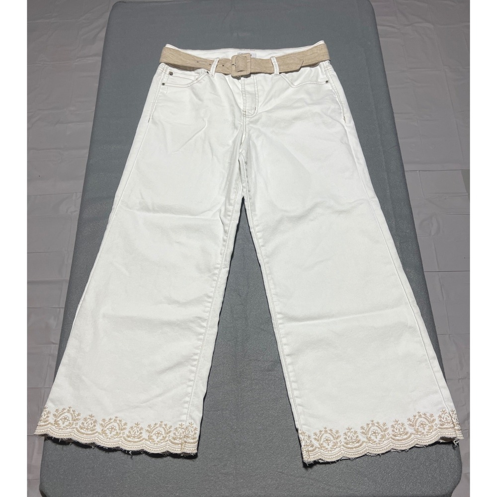Curve Appeal White Wide Leg Embroidered Hem Jeans with Belt Size 10/30